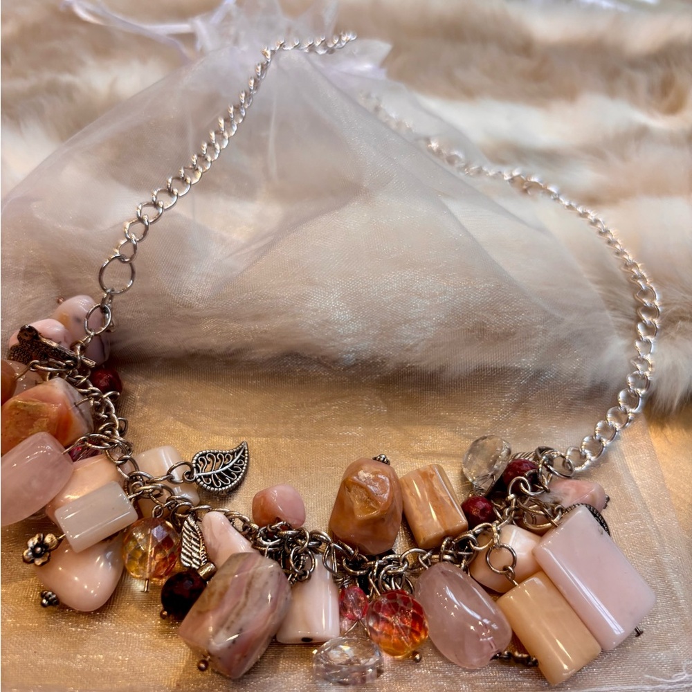 Pink Peruvian opals, rose Quartz, silver piece charms necklace with jewelry bag